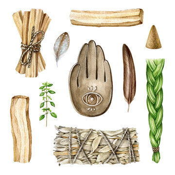 Incense spiritual aroma watercolor set illustration. Ceramic incense burner, palo santo stick, white sage bunch, feather, sweetgrass. Elements for relax, healing, meditation. Spiritual practice set