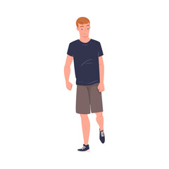 Fototapeta premium Walking Man Character Strolling in the Street and Smiling Vector Illustration