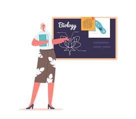 Teacher with Textbook Stand at Blackboard Teach Biology Lesson, Education Concept. Young Woman Wear Formal Dress