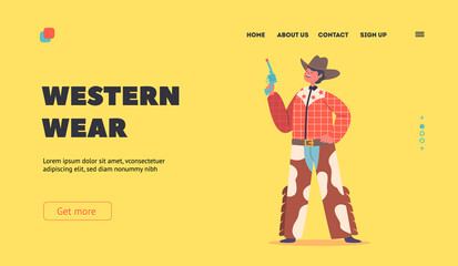 Western Wear Landing Page Template. Little Cowboy Kid Wear Traditional Wild West Costume Cow Skin Pants, Checked Shirt