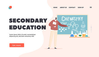 Secondary Education Landing Page Template. Teacher with Tablet Stand at Blackboard Explain Chemistry Lesson in School