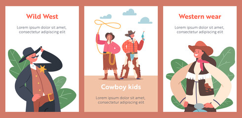 Cowboy Kids Cartoon Banners. Children Wear Traditional Wild West Costumes and Hats. Boys and Girls Western Personages