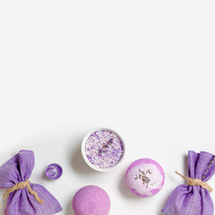Fragrant healthy spa products with essential oil, bath bombs and sea salt, lavender sachet bag on white background. Aromatherapy and herbal medicine, cosmetics for body treatment and good sleep
