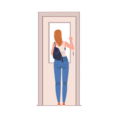 Woman Character Knocking at Close Door Waiting for Entering Vector Illustration