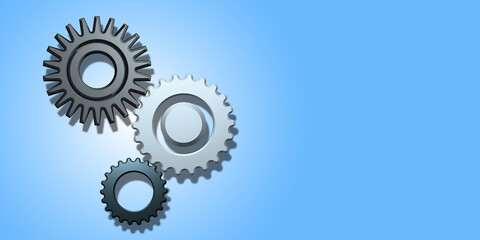 Three cogwheel 3D on blue background, metal gear with copy space