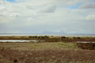 clouds over the bay with city skyline of Melbourne in distance and wetlands in foreground