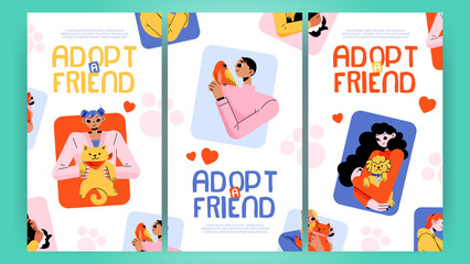 Adopt a friend banners. People hug pets, animal adoption concept with young women holding cute funny cats and guinea pig on hands. Human tenderness, love and charity Linear flat vector web banner