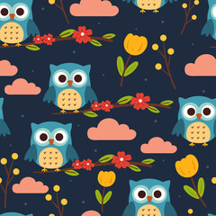 Obraz premium seamless pattern cute cartoon owl and plant in night sky background. cute animal drawing