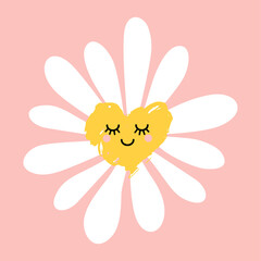 Cute smiling daisy flower. Chamomile with happy emotion.illustration for nature design. Vector cartoon style icon. 