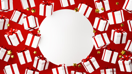 赤い背景に白のプレゼントボックスと金色の星。中央に白い円形。