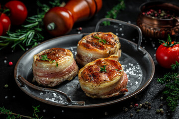 Premium Beef Steak. Grilled meat steak Filet Mignon with seasonings. Juicy meat steak. Beef steak grilled on dark background with spices. Ketogenic diet food