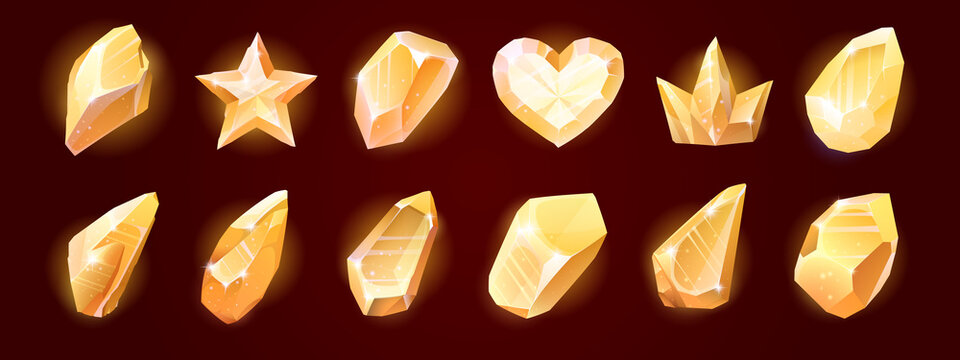 Gold magic crystals, glass or gem stones, heart, star, crown faceted and rough yellow glow rocks, isolated crystalline minerals. Game assets, 2d ui icons, gemstone graphic elements, Cartoon vector set
