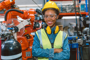 Portrait smart woman worker Black African teen girl happy smiling in modern factory