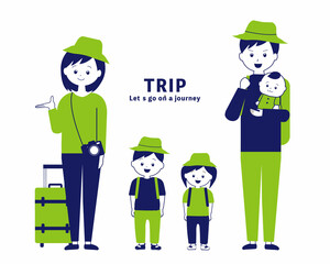 旅行に行く家族のイラスト（５人）
