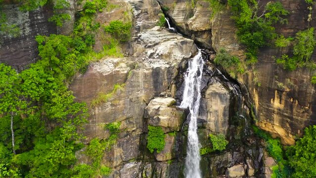 Aerial view of Rawana Falls. Waterfall in a tropical forest. Sri Lanka.