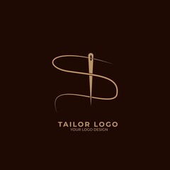 Abstract Initial Letter S Tailor logo, thread and needle combination with gold colour line style , Flat Logo Design Template