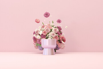 3D podium display, pastel pink background with hydrangeas flower and vintage frame. Peonies flower and nature leaf. Minimal pedestal for beauty, product. Feminine copy space template 3d render
