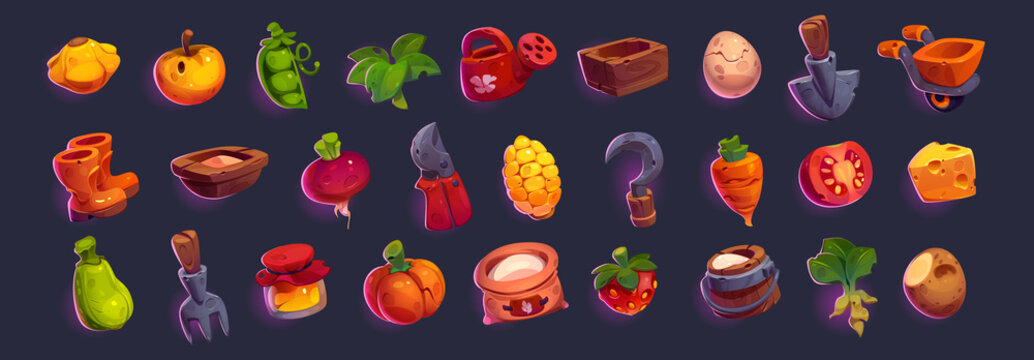 Set of game icons, gardening and farm cartoon elements. Vector milk bucket, apple, squash, green peas and spinach, watering can, wooden box, egg, shovel, and wheelbarrow. Rubber boots, trough or beet