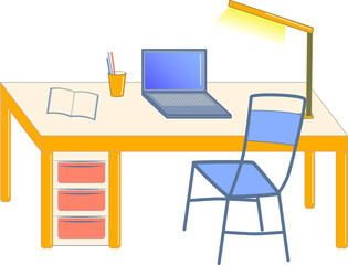 Vector illustration of workplace, computer, table, chair, workspace.
