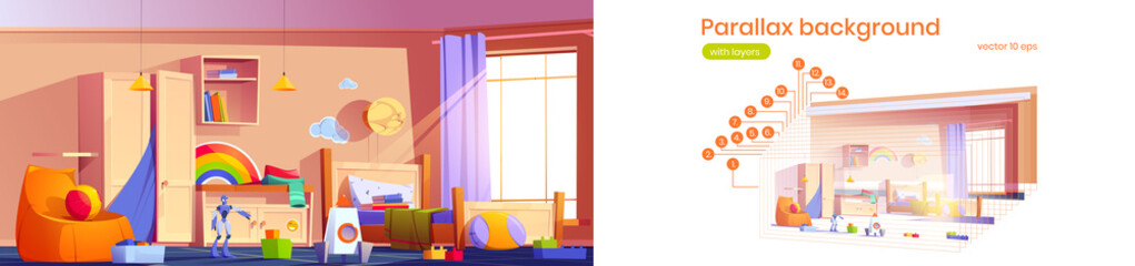 Parallax background kids bedroom for 2d game animation. Child room indoors with bed with pillows, cabinet, toys and bean bag chair, wooden furniture. Cozy vector interior for boy, separated layers