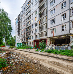 Destroyed and burned apartments in a multi-storey residential building. Residential area Saltovka....