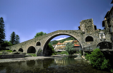 Puente romanico sobre el rio Ter(pont Nou. s.XII).Camprodon.Pirineos,Girona.Catalunya.Espa&ntilde;a.