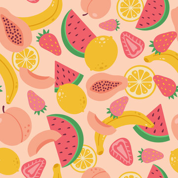 Fruity tropical seamless modern pattern. Mature summer exotic fruits and berries. Watermelon, papaya, lemon, peach and others.