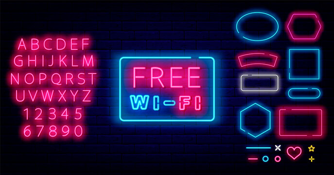 Free wifi neon sign. Bright internet label for cafe and bar. Shiny pink alphabet. Vector stock illustration