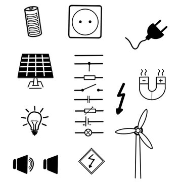 12x Elektrizität Strom Energie - Icons Cliparts Zeichen Sketchnotes