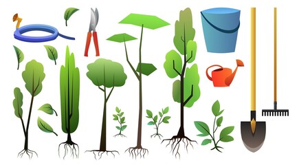 Set of seedlings of young trees with roots and garden tools. Set of Garden plants. Fruit plantings. Isolated on white background. Vector