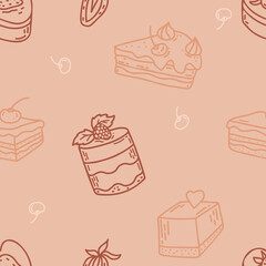 Seamless pattern with desserts. Delicious pastry and cream cake with cherries, dessert and cake with raspberries and strawberries on pink background. Vector illustration. Linear hand drawn doodles