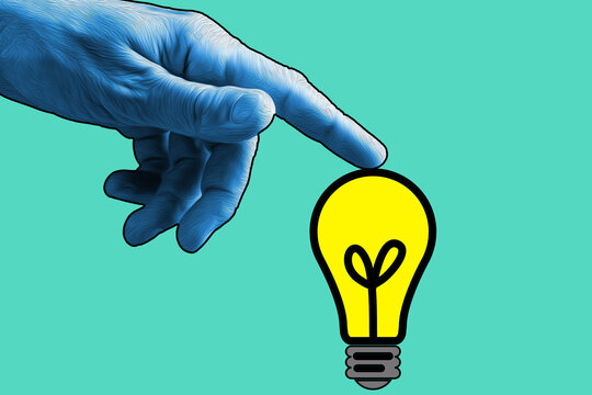 Contemporary art background with colored finger and lamp. Digital texture backdrop. Trendy art, creative fun culture. Contemporary neural network art poster. Funky punk collage. Creative concept.