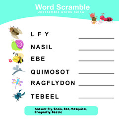 Spelling Word Scramble. Worksheet for learning English. Educational activity for preschool kids. Vector illustration.