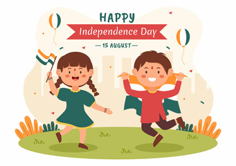 Happy Indian Independence Day which is Celebrated Every August with Flags, People Character and Ashoka Wheels in the Cartoon Style Illustration