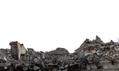 Panorama. A pile of gray concrete debris remains of a destroyed building isolated on a white background