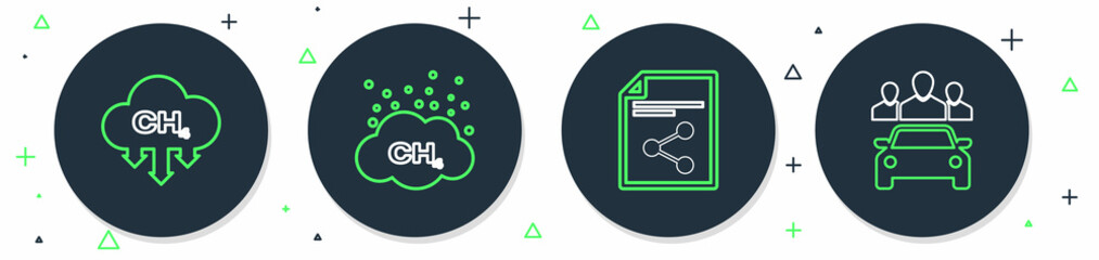 Set line Methane emissions reduction, Share file, and Car sharing icon. Vector