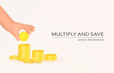 3d hand give gold money or hand take money emoji. Loan, exchange, payout business concept. Banking icon. Financial services layout. Realistic 3d cartoon design