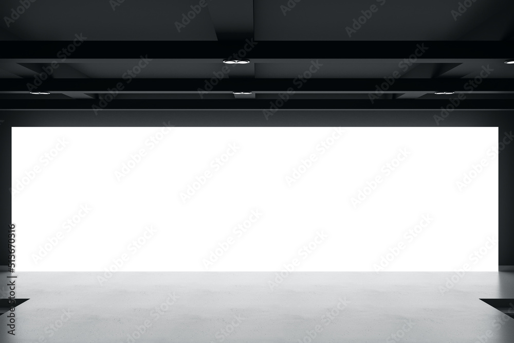 Leinwandbilder front view on big blank white screen wall with place for your text or logo behind empty stage area i