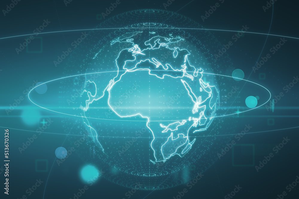 Poster global worldwide telecommunications network concept with digital illuminated world map globe in dott