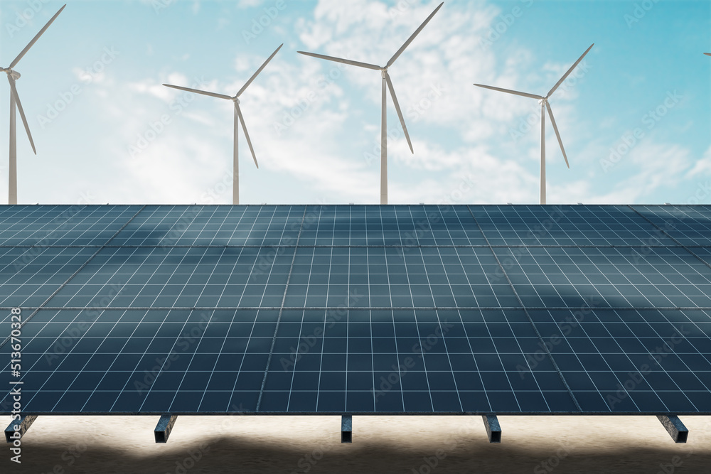 Poster Green energy and alternative source of electricity concept with front view on sunlit solar farm on sand and windmills on background. 3D rendering