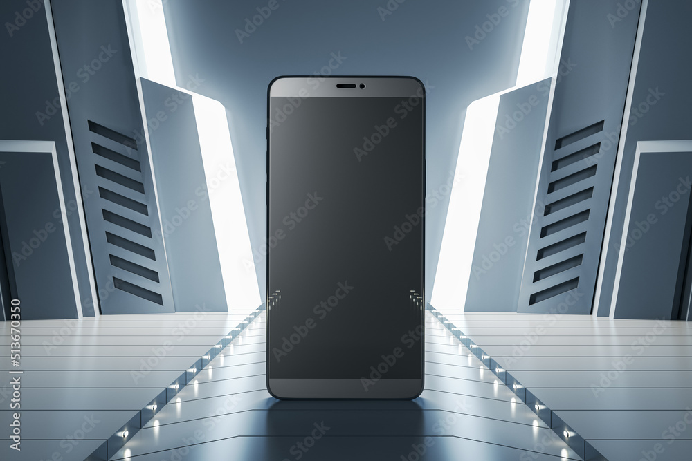 Aufkleber Close up of blank mock up smartphone screen on futuristic background. Mock up and product presentation concept. 3D Rendering.