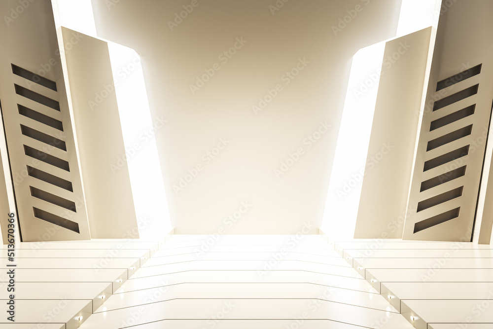 Poster contemporary futuristic spaceship interior with lights and mock up place on wall. design and space c