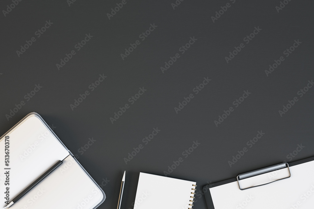 Poster Top view of empty black desktop with supplies. Work place and stationery objects concept. Mock up, 3D Rendering.