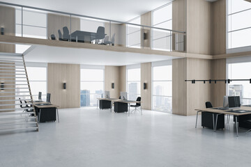 Fototapeta na wymiar Contemporary two floors wooden and concrete duplex office interior with panoramic city view, furniture and daylight. 3D Rendering.