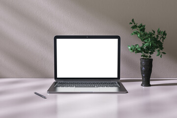 Close up of blank white laptop frame screen on abstract shiny workplace background with reflections and vase with green plant. Designer workspace concept. Mock up, 3D Rendering.