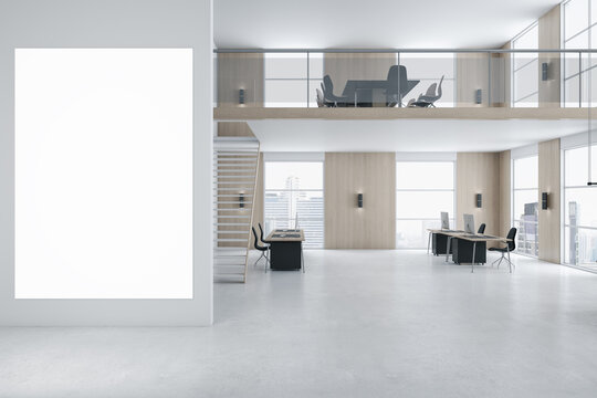 Modern two floors wooden and concrete duplex office interior with empty white mock up poster on wall, panoramic city view, furniture and daylight. 3D Rendering.