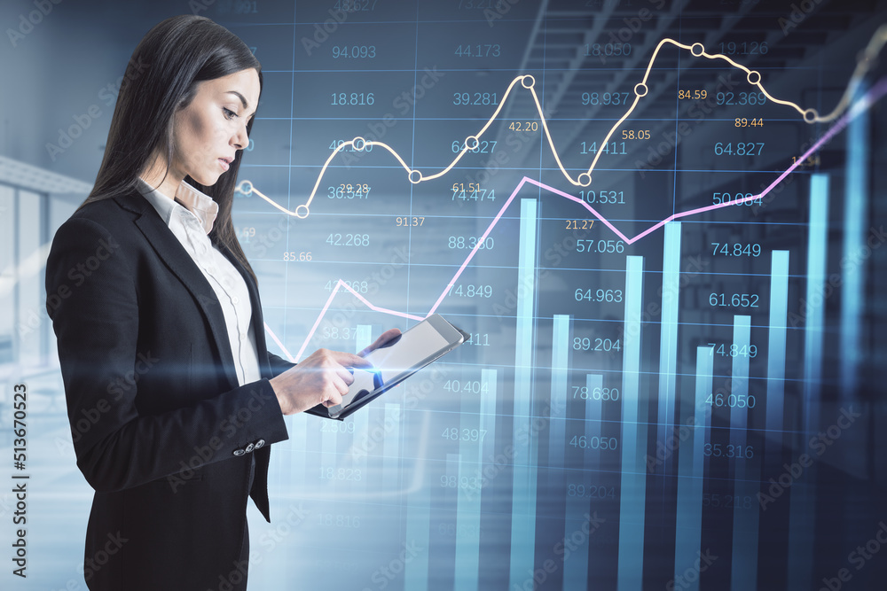 Poster businesswoman using tablet with abstract glowing business chart with index and growth on blurry offi