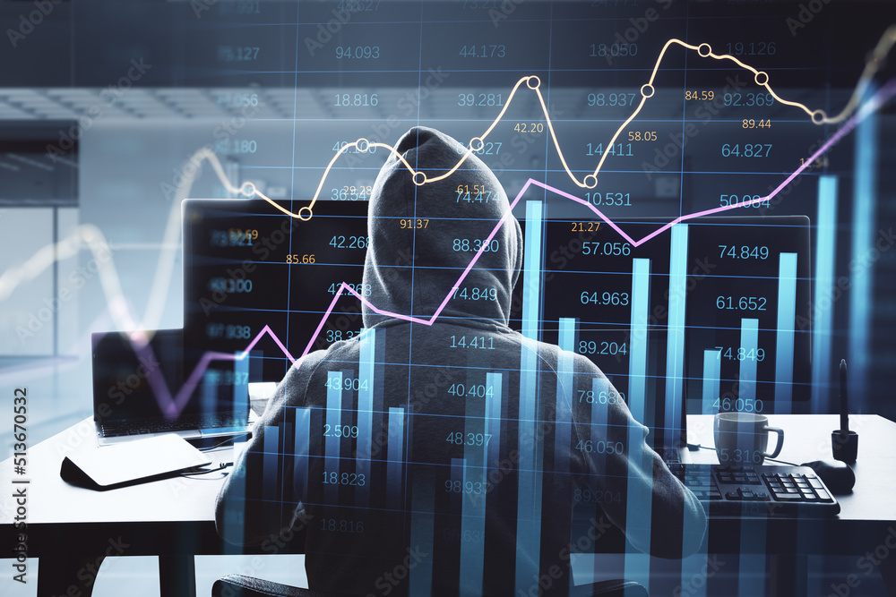 Poster  hacker at desktop using computers with abstract glowing business chart with index and growth on blurry office interior background. Finance, hacking, trade and market report concept. 
