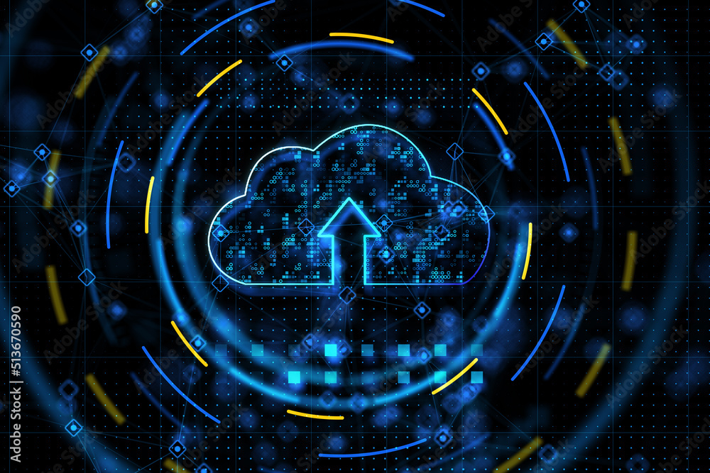 Poster Cloud computing technology and data storage concept with digital graphic glowing blue cloud symbol with arrow up surrounded in abstract blue and yellow circles. 3D rendering