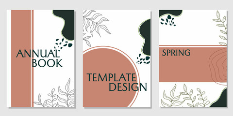 set of abstract floral vector covers. annual book template with hand drawn leaves and background for catalog, website, book, fabric